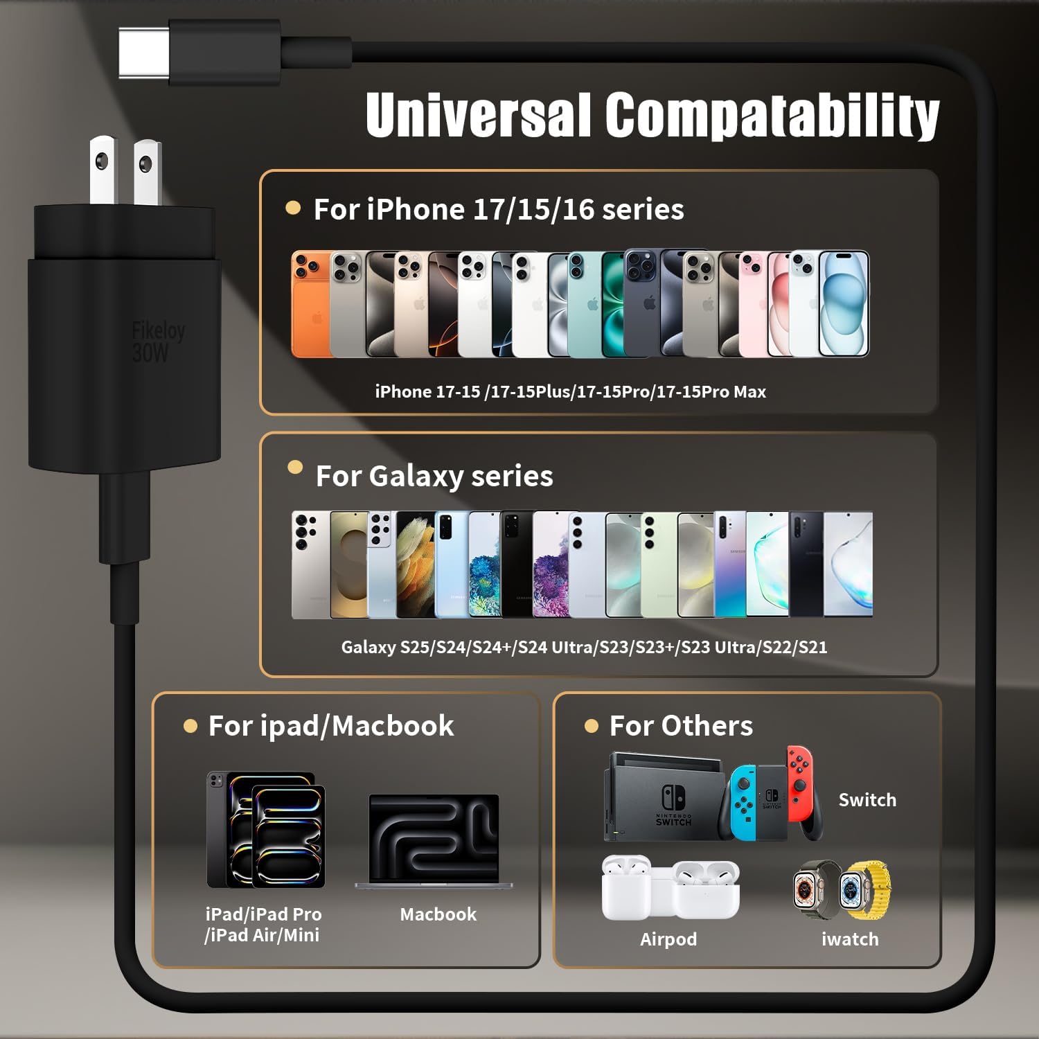 iPhone 17 16 Pro Max Charger Fast Charging USB C Charger Block, 30W USB-C Chargers with 3/6/10FT Type C Fast Charging Long Cable Cord for iPhone 17/16/15 Series/iPad GalaxyS25/S24 Black