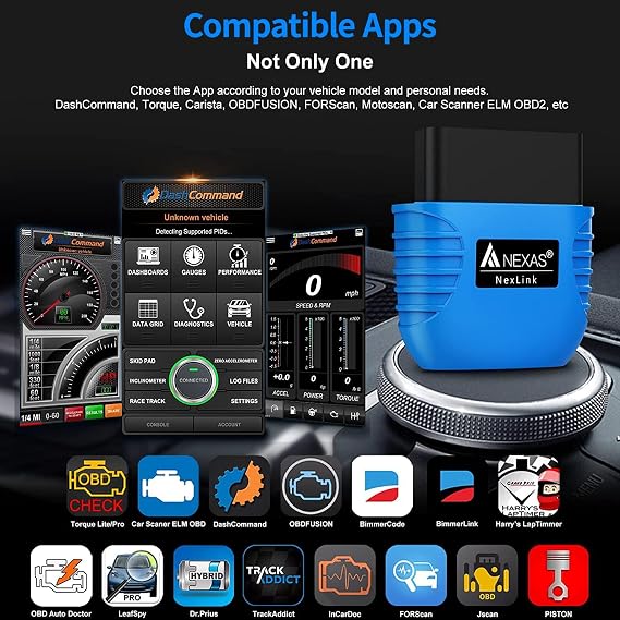 ماسح ضوئي NEXAS NexLINK Bluetooth OBD2 للسيارة - قارئ رمز ضوء فحص المحرك مع بيانات مباشرة واختبار الأداء، أداة مسح تشخيصية لاسلكية مع إعادة تعيين لجميع المركبات الأمريكية، يعمل مع iOS وAndroid