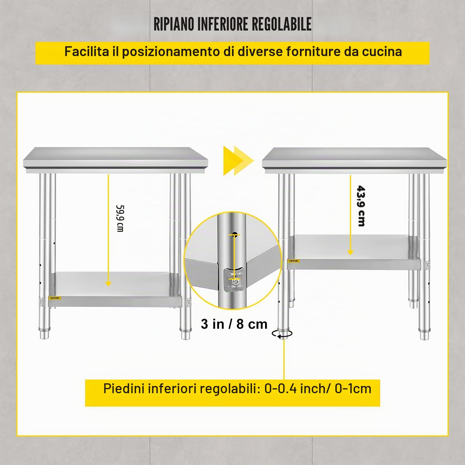 VEVOR 60 x 76 x 80cm Piano di Lavoro per Cucina Professionale Acciaio Inox, Tavolo da Lavoro da Cucina Piano di Lavoro Inox, Tavolo da Lavoro per Cucina Professionale in Acciaio Inox con Baclsplash