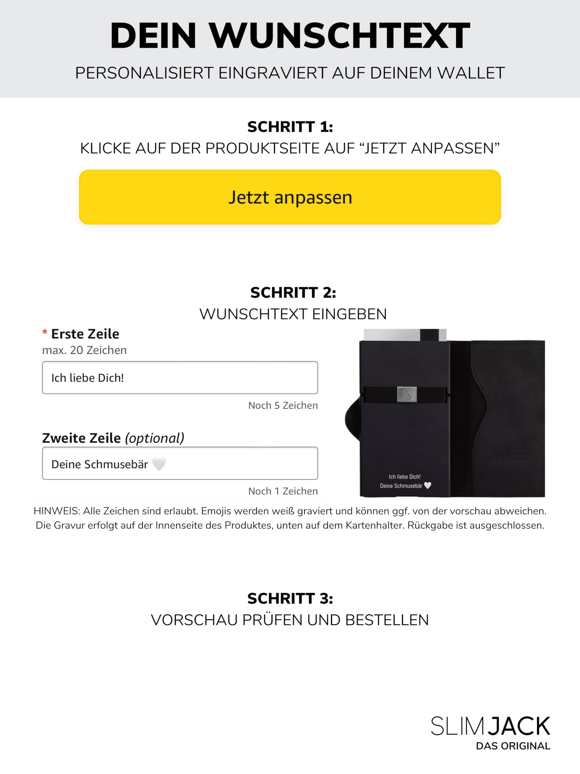 SLIMJACK Smart Wallet mit Gravur Wunschtext - Kreditkartenetui mit RFID-Schutz - Geldbeutel für Herren - Slim Wallet mit Münzfach - Smart Wallet für Karten & Münzen - Schwarz
