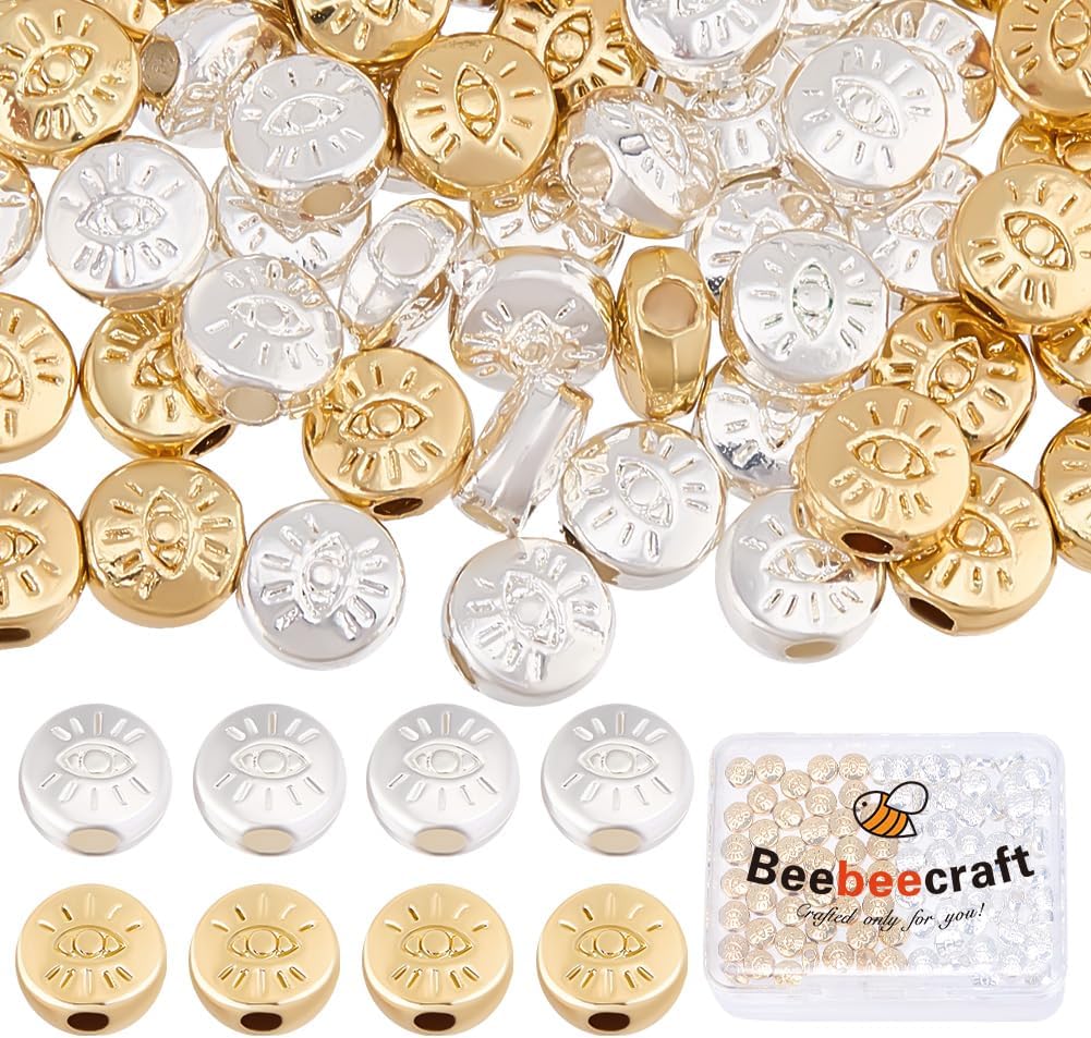 Beebeecraft 1 Box 100Pcs Evil Eye Spacer Beads Real 18K Gold & Sterling Silver Plated Alloy Flat Round Beads for DIY Necklace Jewelry Making