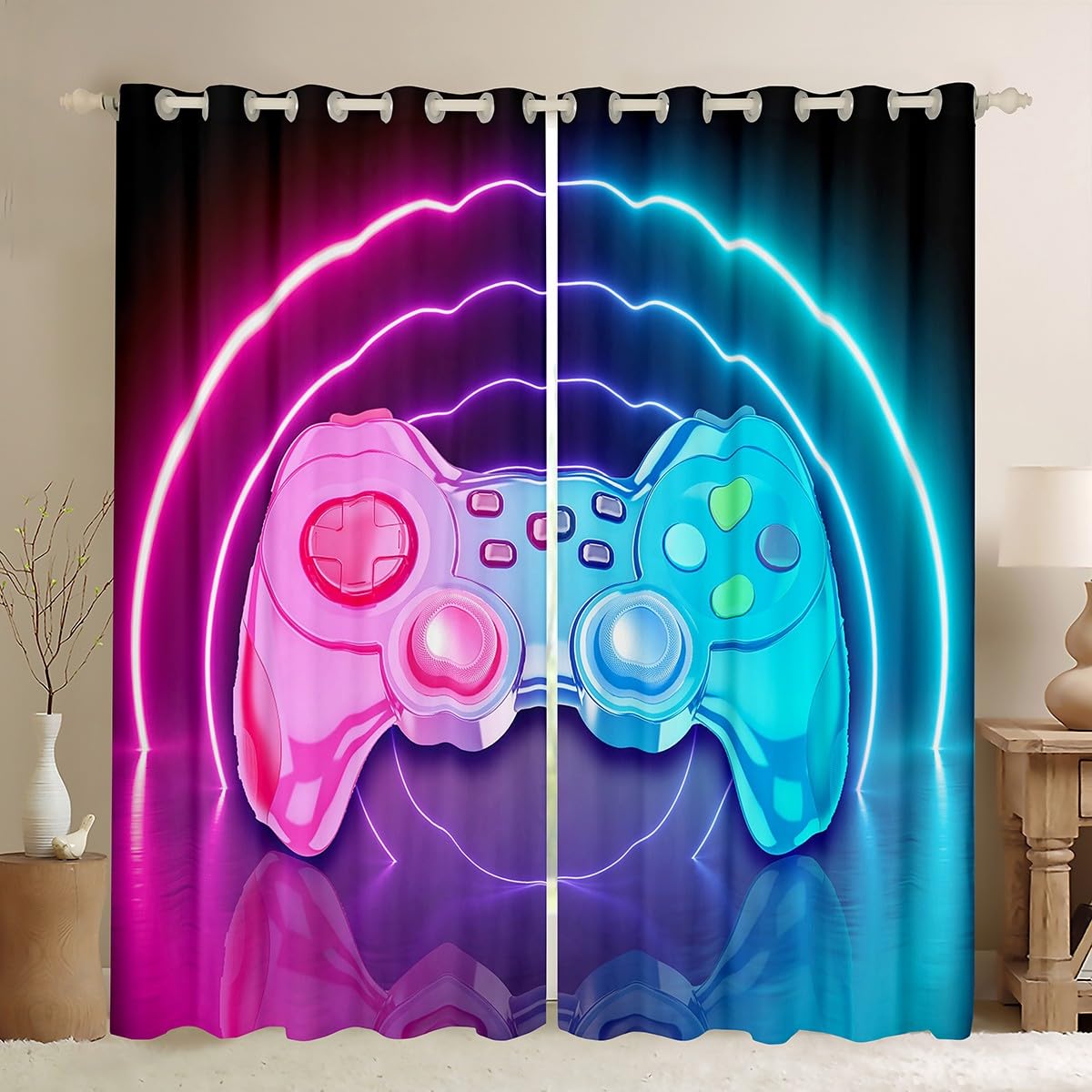 Loussiesd Colorful Gamepad Print Curtains Children Game Theme Window Curtain Modern Video Game Controller Action Buttons Pattern Curtains for Girls Boys Teenagers Gifts W46*L72