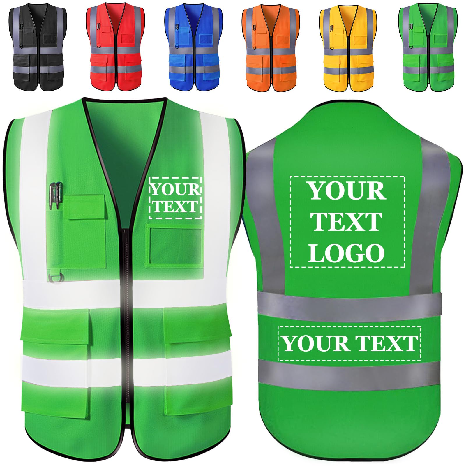 Personalised Hi Vis Vest Custom Logo/Text/Name Customize Safety High Visibility Vests with Pockets and Zipper Bulk for Women Men Work — image 1