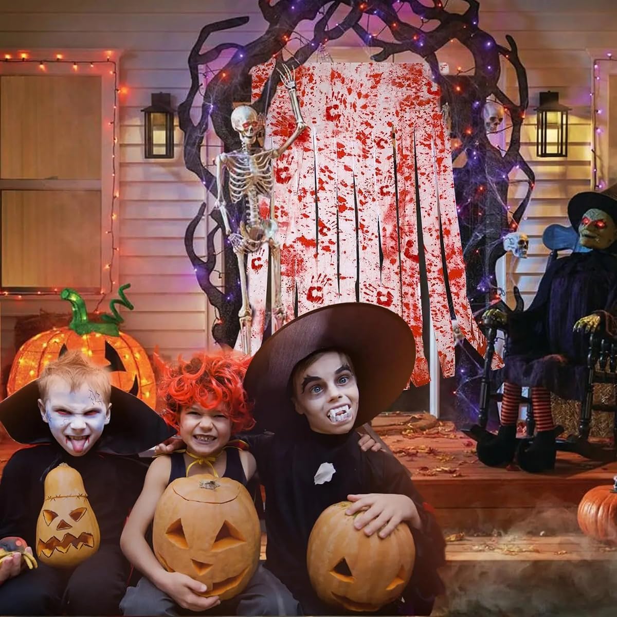 Queenbox 39.3x62.9in 10pcs Red Handprint Halloween Curtain, Scary Creepy Blood Bathroom Tulle Curtain for Haunted House Party