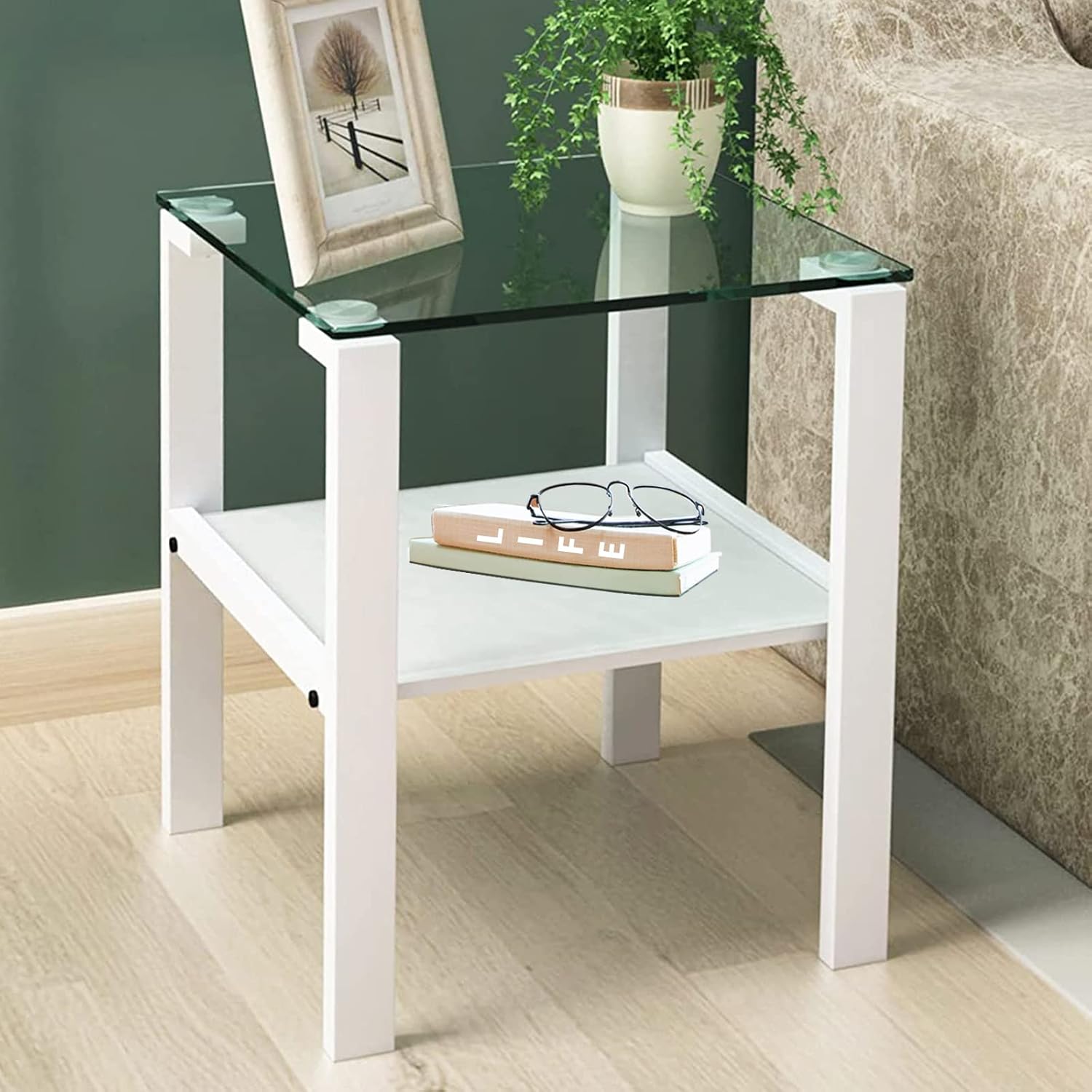 Sybrioka Glass End Table, Living Room Sofa Side Table, 2