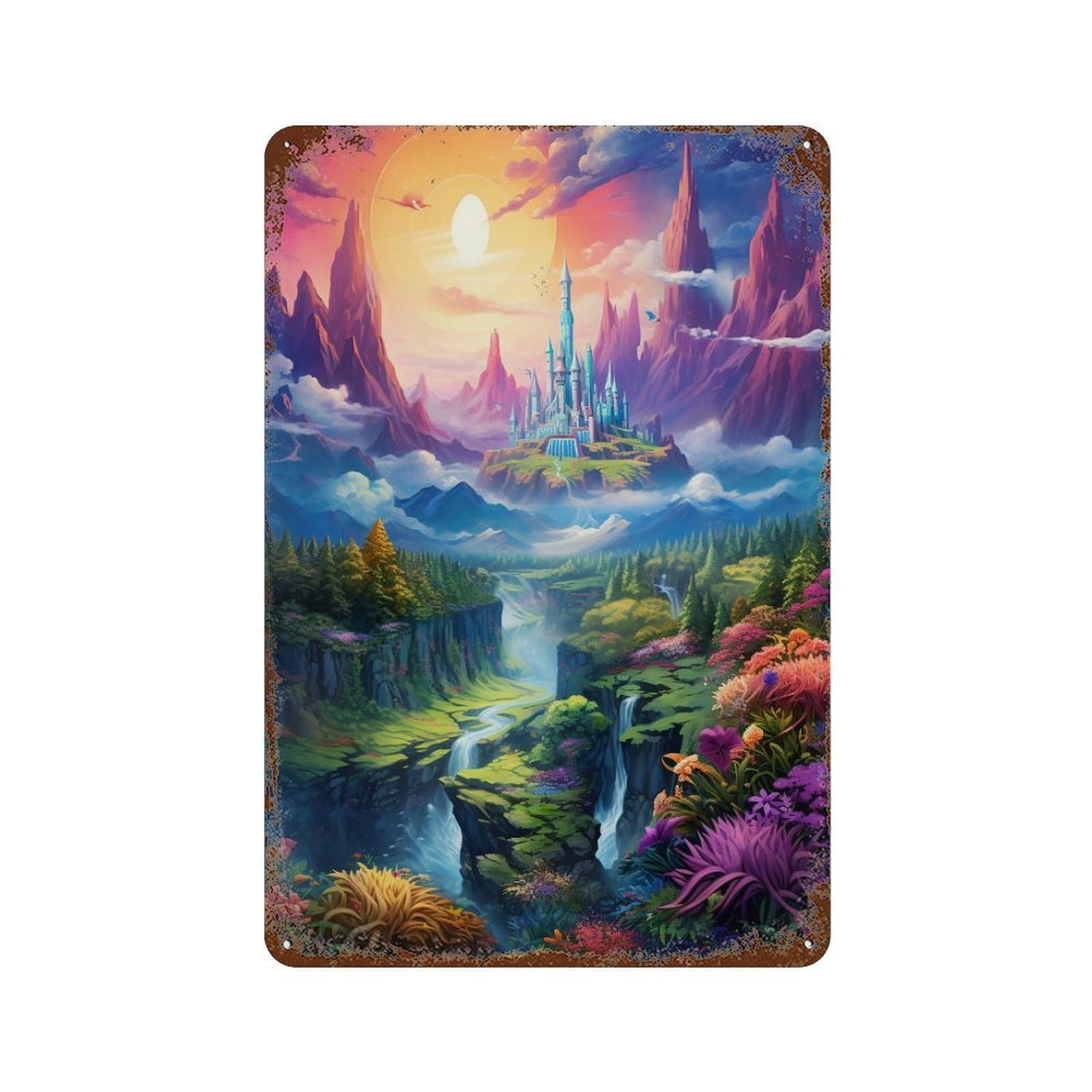 Fantasy Castle Landscape Rust Effect Tin Sign 11.8"x7.9", Vintage Wall Decor for Bistro, Counter And Cafe Decor
