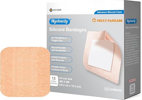 Miniatura 1 de Vendajes adhesivos de silicona de tamaños extra grandes para pieles sensibles y frágiles de 4 x 4 pulgadas, 15 unidades, tela flexible, sin látex,