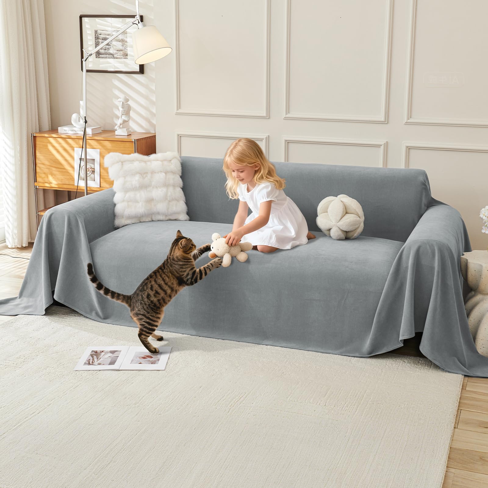 Royhom Sofa Überzug, Chenille Couch Überzug Ecksofa, Sofabezug L Form, Sofa Schutzdecke, Sofahusse mit Armlehne, Sofaüberwurf Decke Weich und Bequem, Grau, 340x180 cm