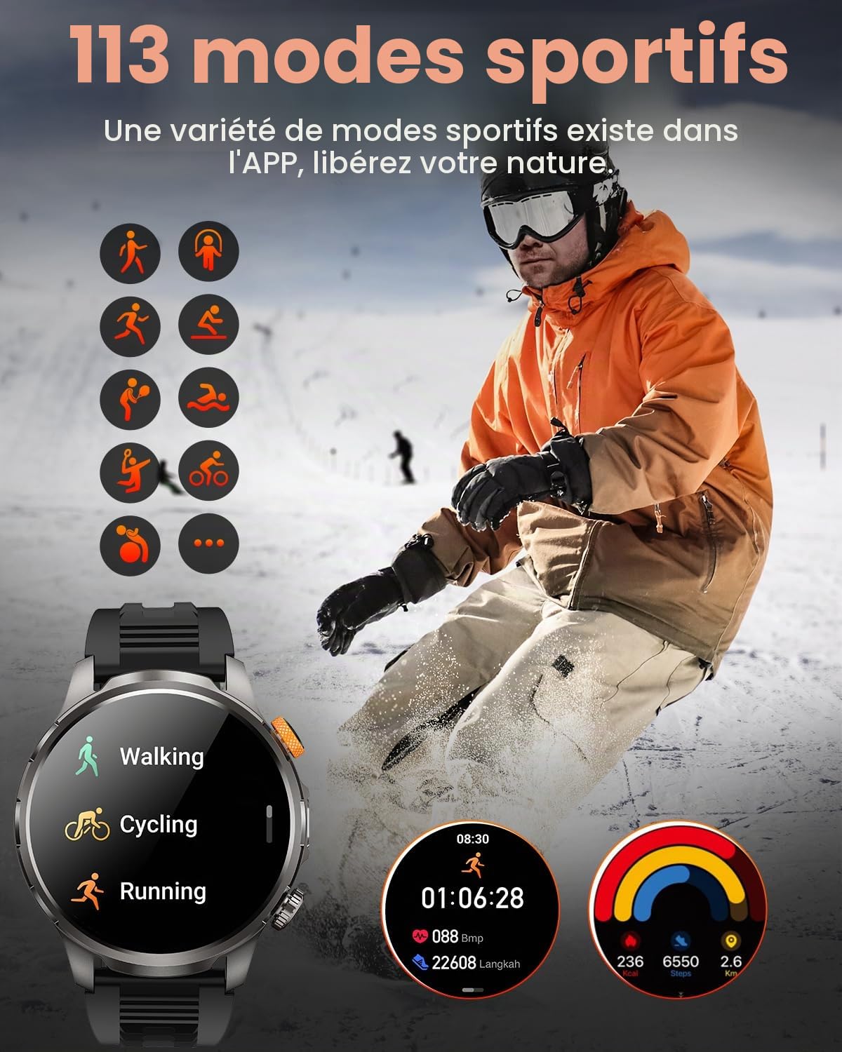 Montre Connectée Homme 1000mAh/5ATM Étanche/LED Lampe, 1.91" AMOLED Militaire Smartwatch Homme Appel Bluetooth, 113 Modes Sportifs, 24H Sommeil/Fréquence Cardiaque/Podomètre 2 Sangles Android iOS Noir