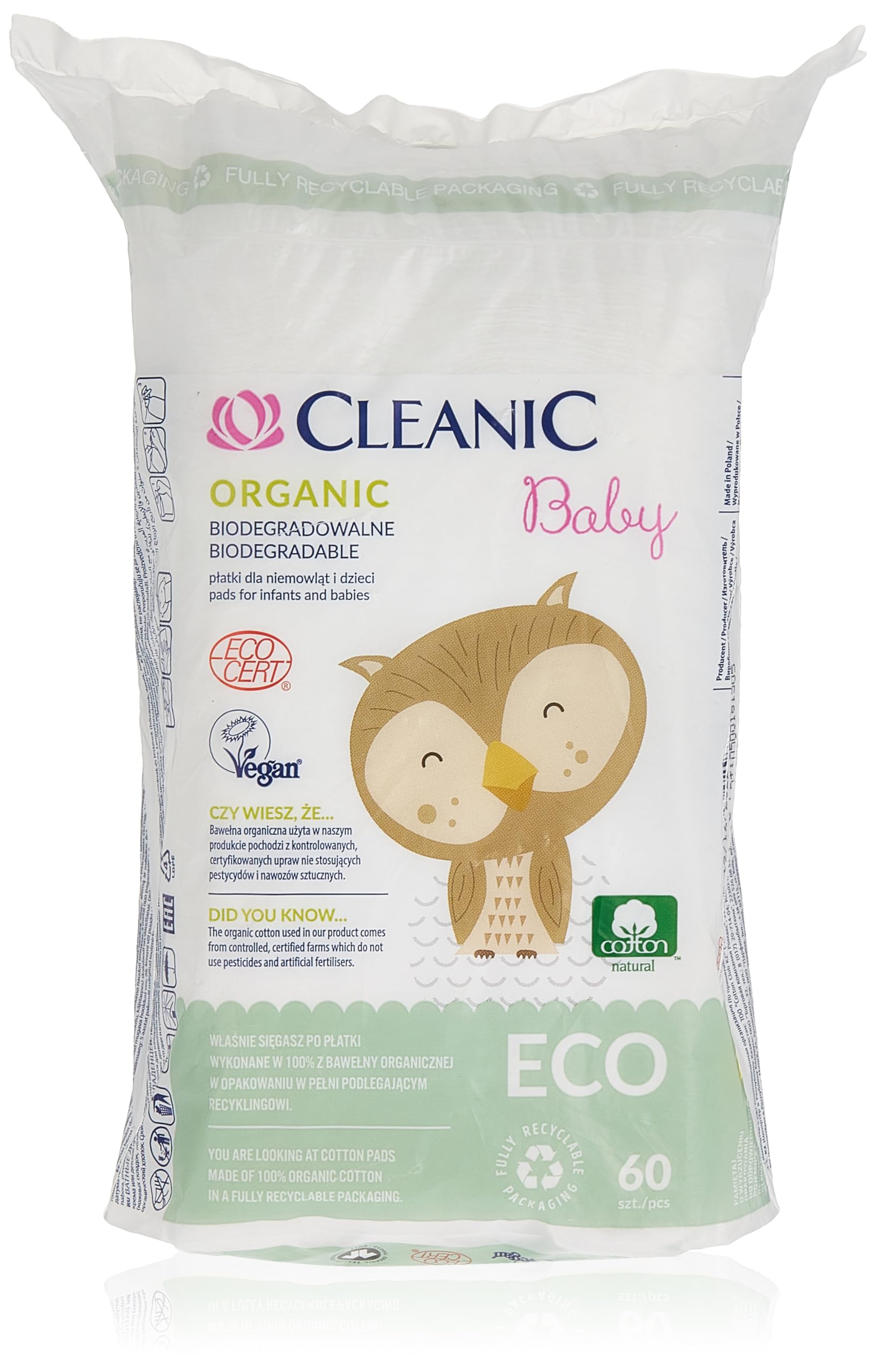 CleanicBaby Organic ECO Biodegradable Pads For Infants & Babies 60pcs 100% Organic Cotton Fully Recyclable Vegan White