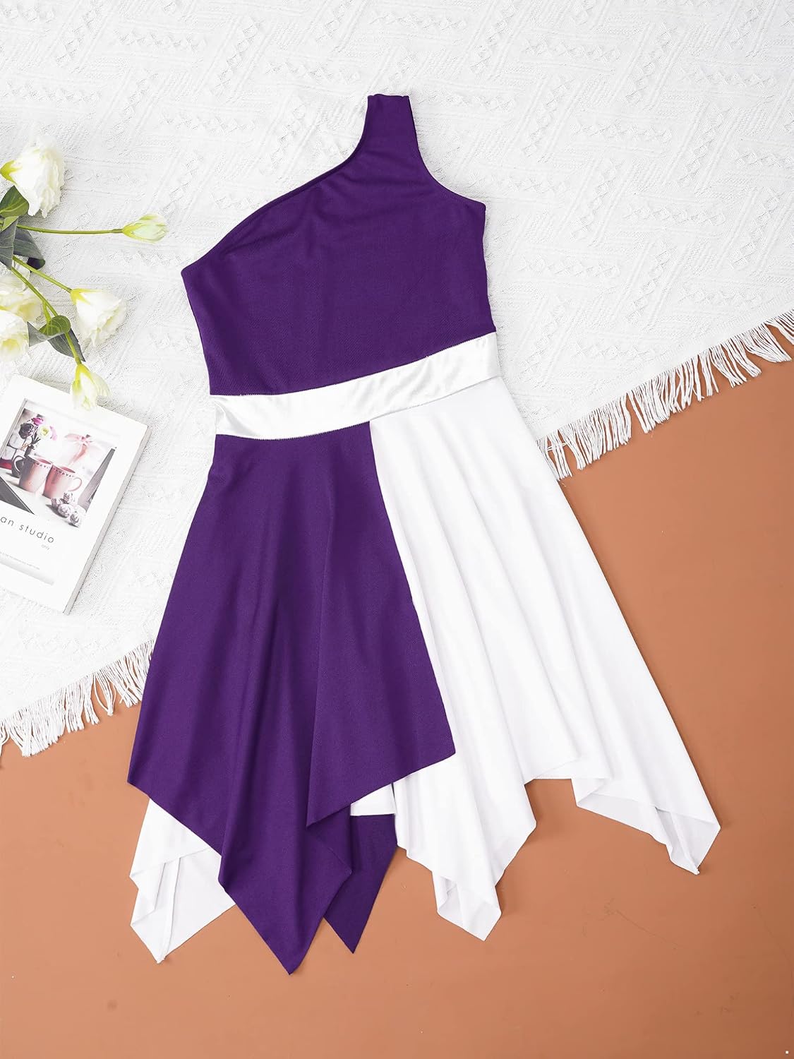 Oyolan Kids Girls One Shoulder Lyrical Praise Dance Dress Sleeveless Color Block Tunic Liturgical Worship Costume