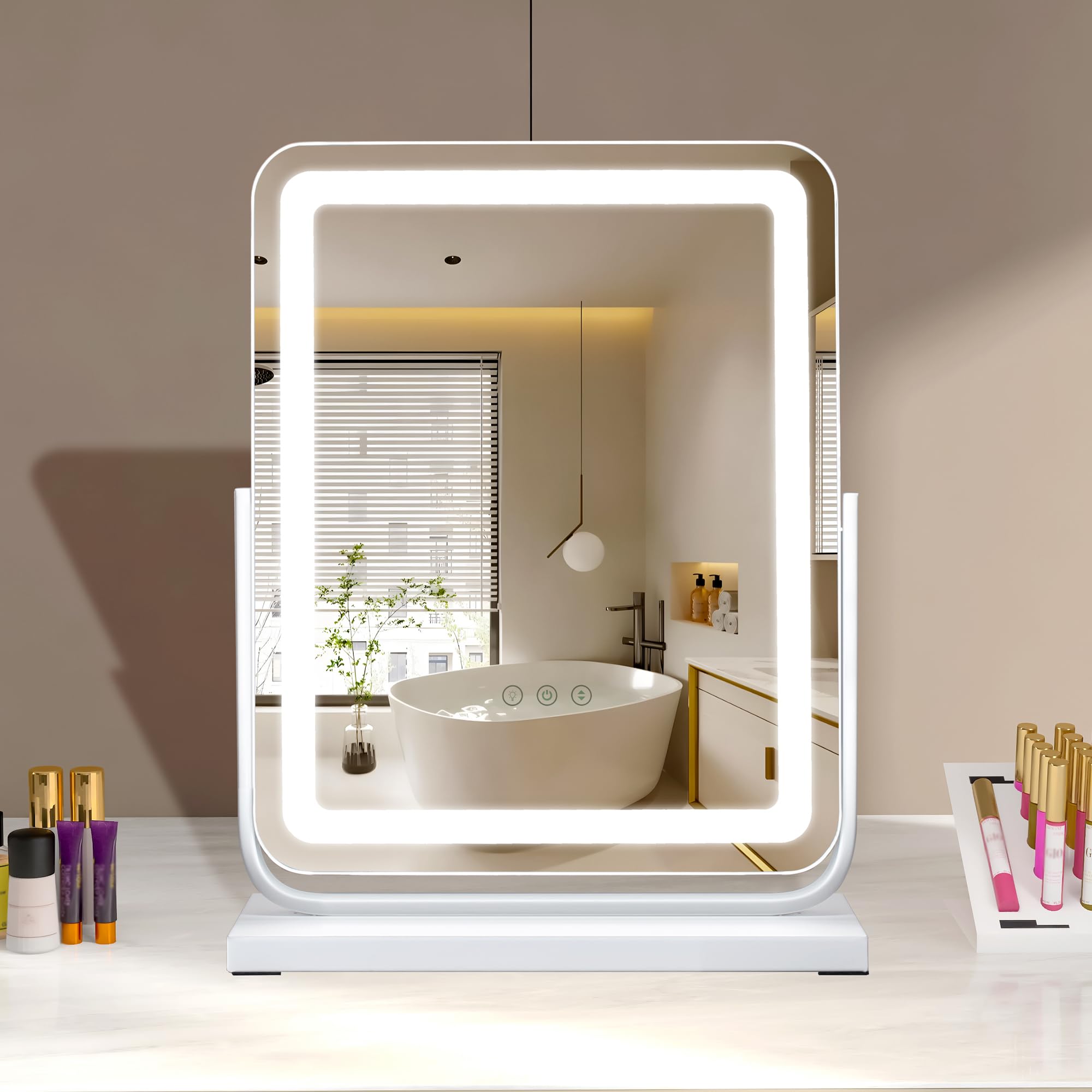Miroir de Maquillage Lumineux LED 40x47 cm Carré, Rotation 360° Orientable avec Touche Tactile, 3 Modes de Couleur (Froid/Chaud/Naturel) à Intensité Variable Miroir de Table Hollywood