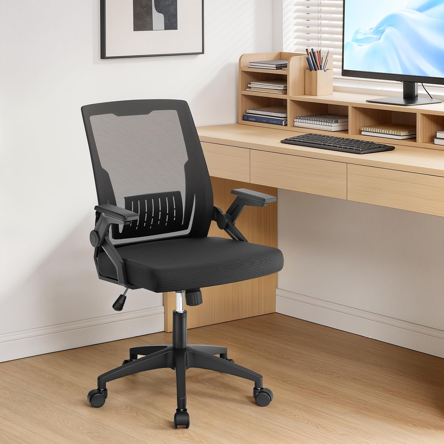 MoNiBloom Mid Back Mesh Office Chair with Flip-Up & Sliding Armrests, 18–22" Adjustable Seat Height, Ergonomic Desk Chair with Rocking Function, for Home Office, Black