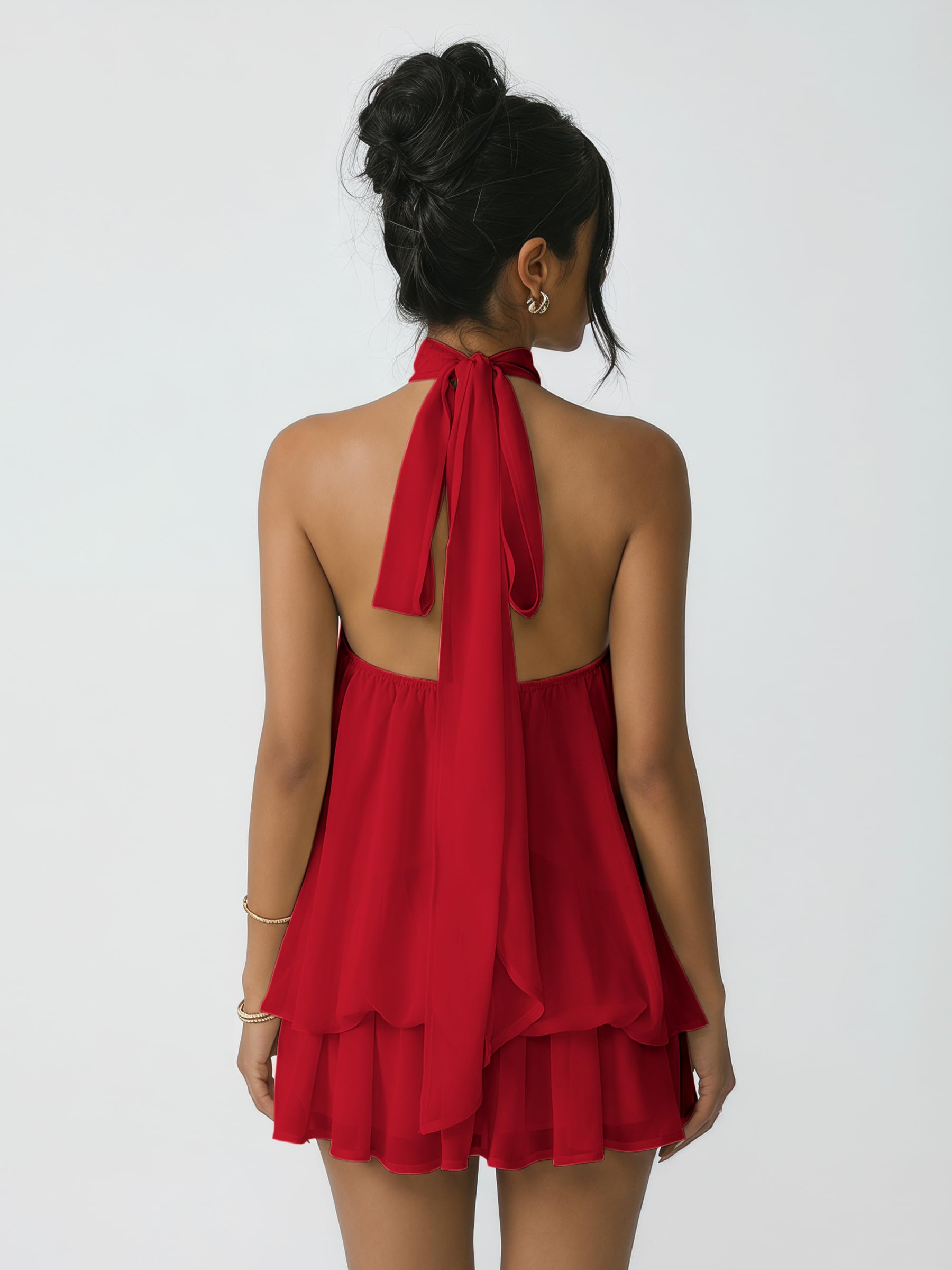 Vestido Mujer Sexy Sin Mangas Mini Vestidos Halter Elegantes Verano Vestido Espalda Descubierta con Volantes Ligero Fluido Vestidos Holgado de Gasa Casual Dress para Fiesta Playa Cocktail