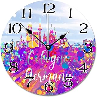 Germany Skyline Rainbow Silhouette Wall Clock Germany Cologne Cityscape 10 Inch Wall Clocks Battery Operated Quiet Non-Ticking Farmhouse Hanging Clock Wall Decor Gift for Foreign Friend