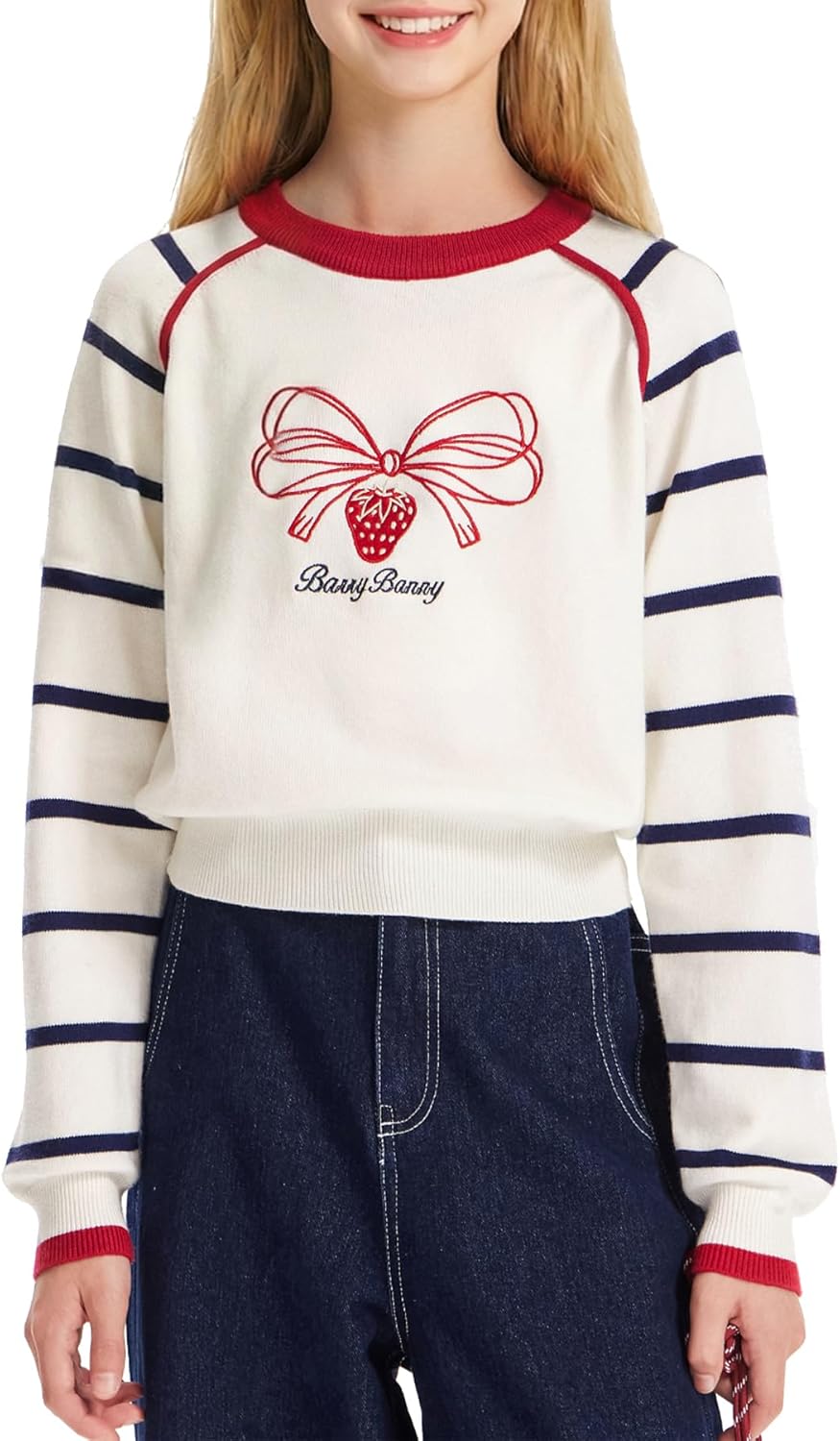 Girls Long Sleeve Shirt Pinstripe Crewneck Sweatshirt for Girl Bow Embroidered Top Fashion Clothes