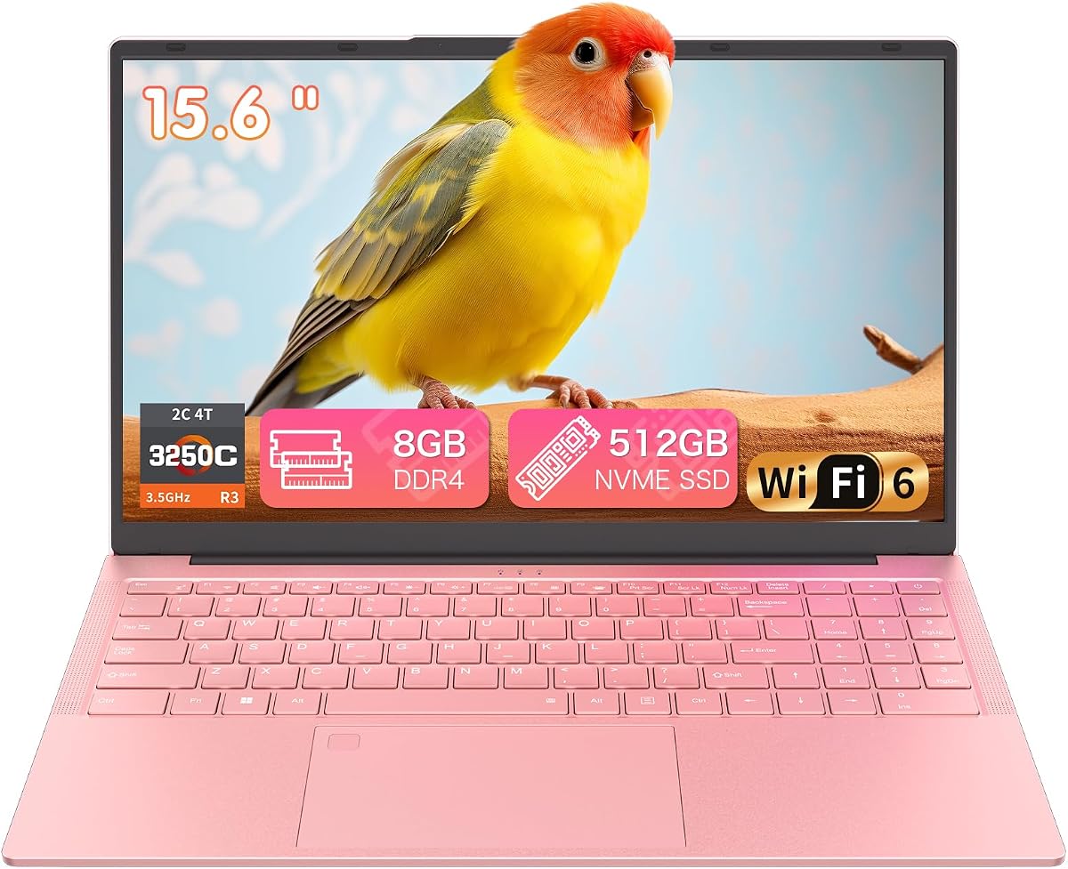 Auusda 2026 Laptop tradicional de 15.6" para estudiantes y trabajo, CPU Ryzen 3 3250C | WiFi 6, BT 5.3, teclado retroiluminado, huella digital, cámara de privacidad, USB dual tipo C, Win11 Pro, 8GB RAM, 512GB NVMe SSD, rosa