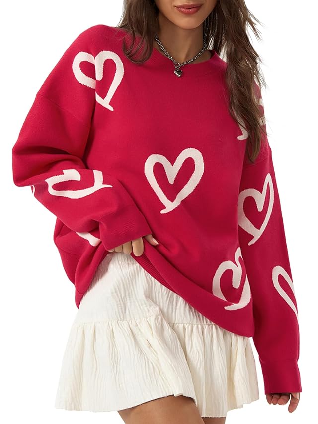 Saodimallsu Womens Oversized Heart Sweater Crew Neck Long Sleeve Knit Cute Valentines Pullover Sweaters