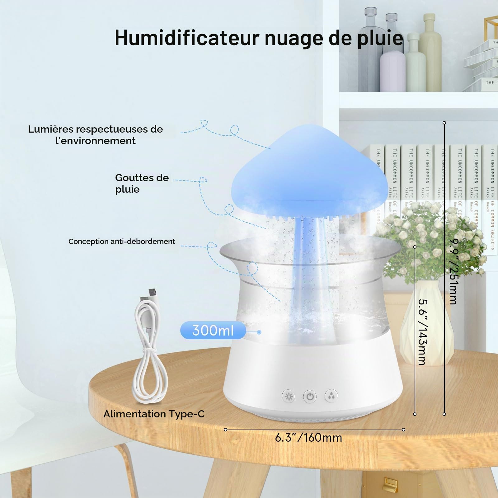 Towwoo 3 en 1 Humidificateur Nuage de Pluie, Diffuseur d'huiles Essentielles d'aromathérapie, Aromathérapie Veilleuse avec 7 Couleurs Changeantes Lumières Son et 3 Modes Brume de Pluie