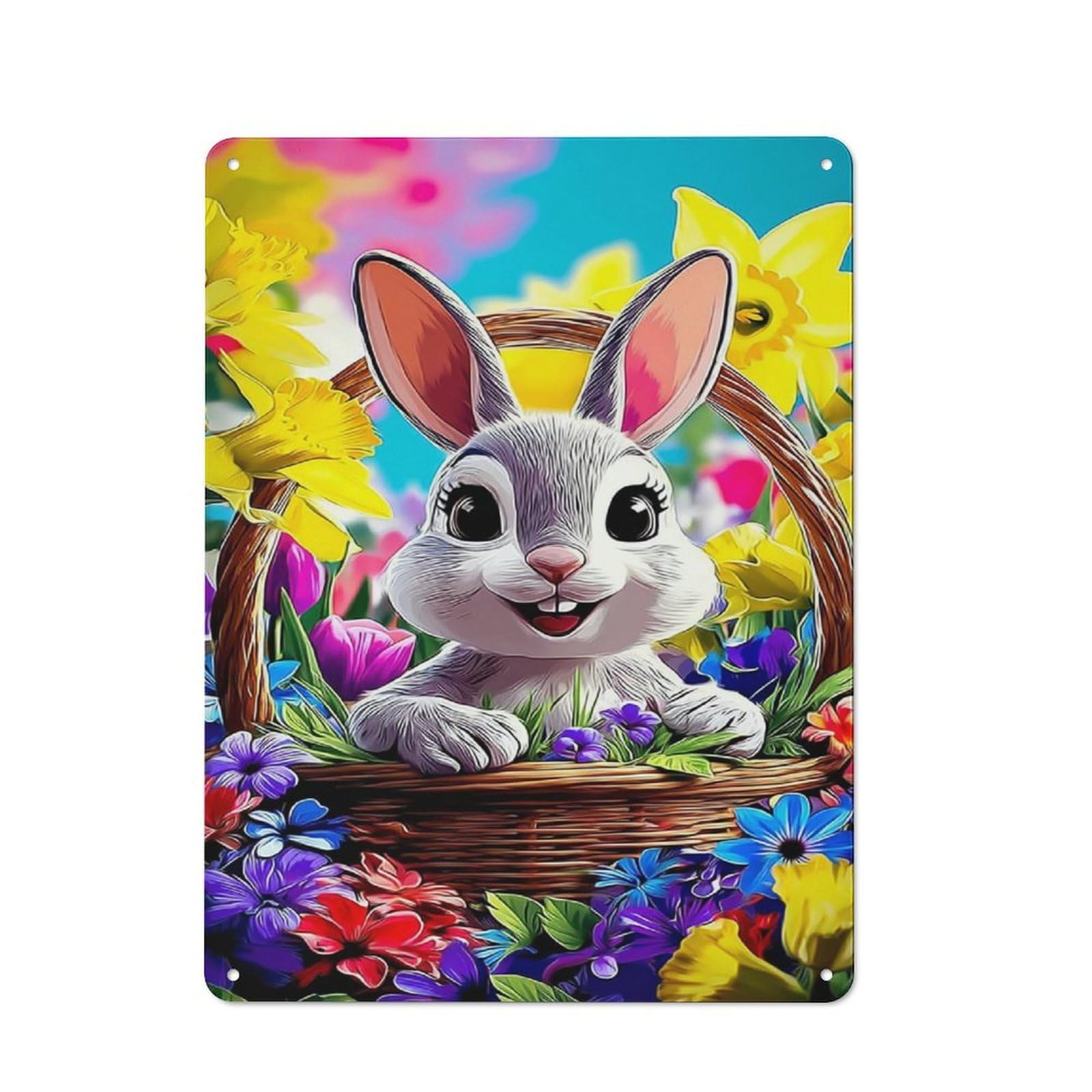 Junmoney Spring Basket With Bunny Printed Metal Sign 40X30cm For Hobby Room Or Studio, For Creative Interior Collectors