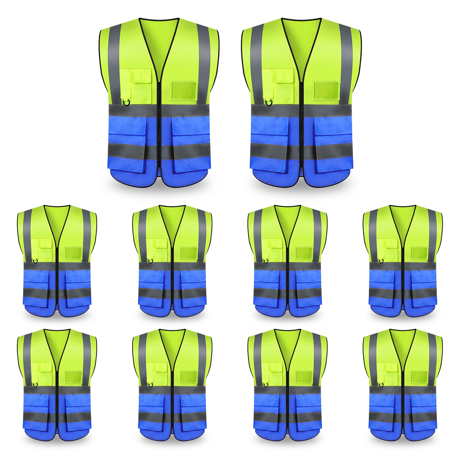 10 Pack Safety Vest, Hi Vis Reflective With 5 Pockets and Zipper for Men Women, Neon Working One Size