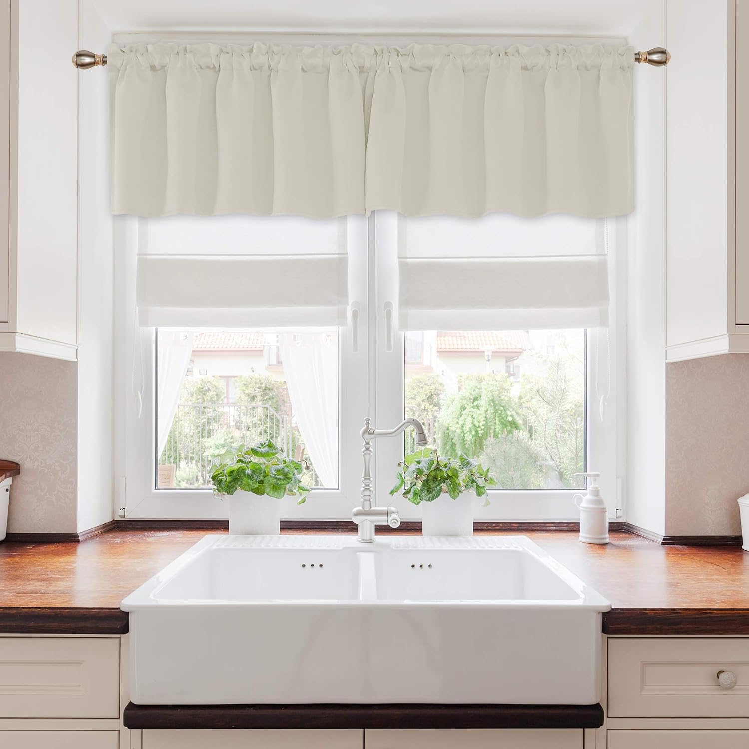 Deconovo Window Dressing Rod Pocket Blackout Valances, Light Blocking Valances Half Window Kitchen Tiers for Window, 52x18 Inch, Light Beige, Set of 2 Panels