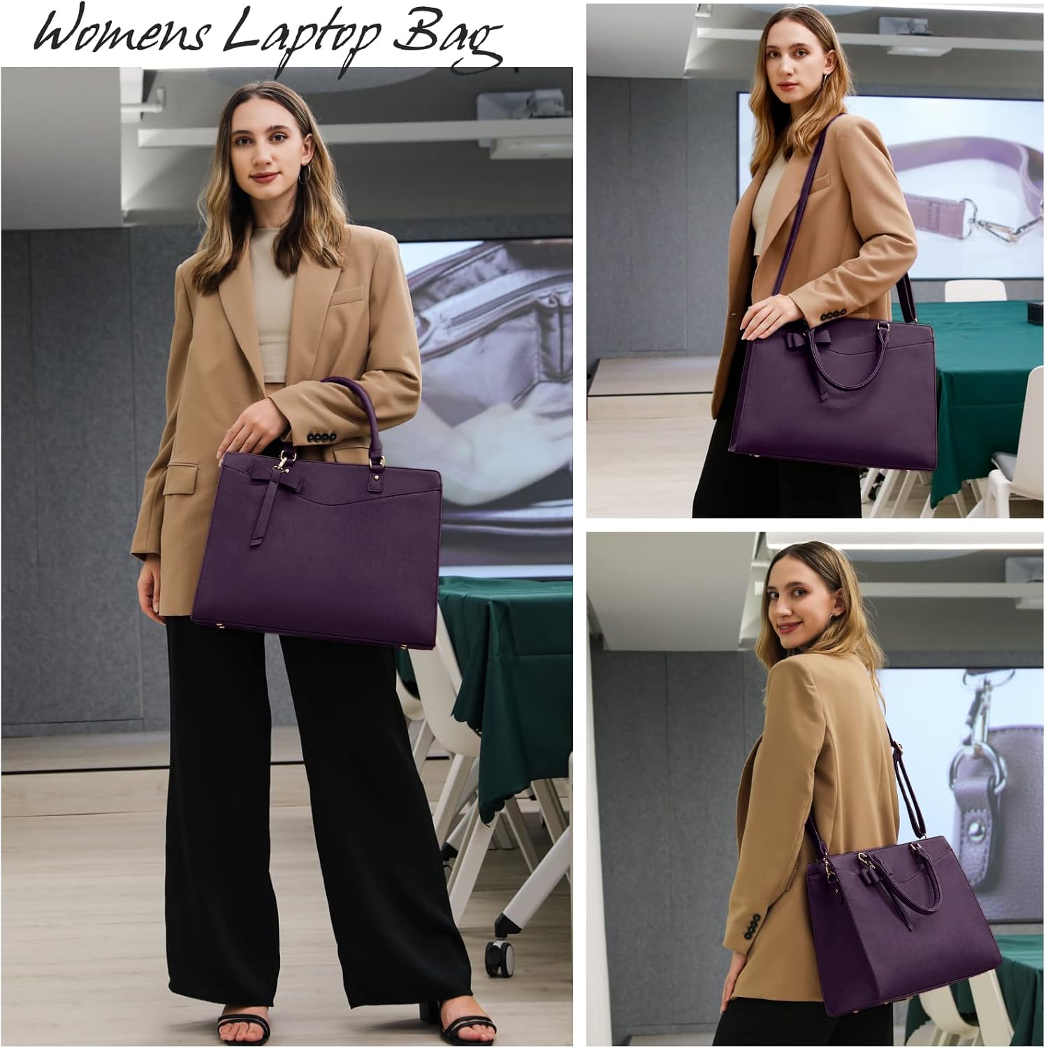 RAINSMORE Laptop Bag for Women 15.6 Inch PU Tote Bag Business Work Bag Waterproof Briefcase Computer Tote Lightweight Handbag Shoulder, Dark Purple - Image 2