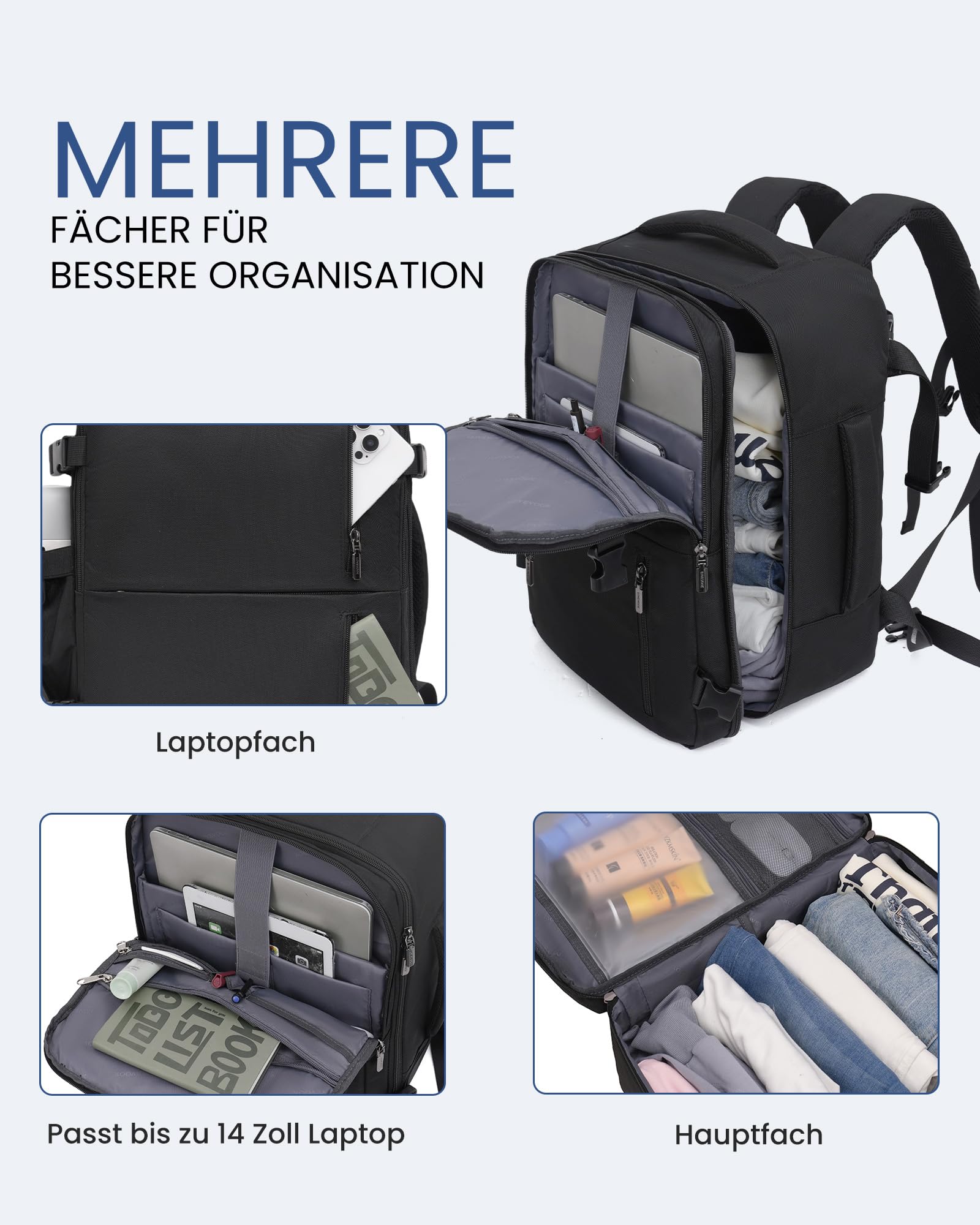 LOVEVOOK Handgepäck Rucksack 40x30x20, Reiserucksack Flugzeug Damen Herren, Carry On Luggage Travel Backpack 24l für 14 Zoll Laptop, Cabin Kofferrucksack mit USB für Arbeit Business Reisen, Schwarz
