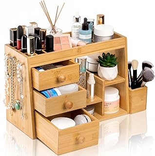Elsjoy Organizador de maquillaje de bambú con...