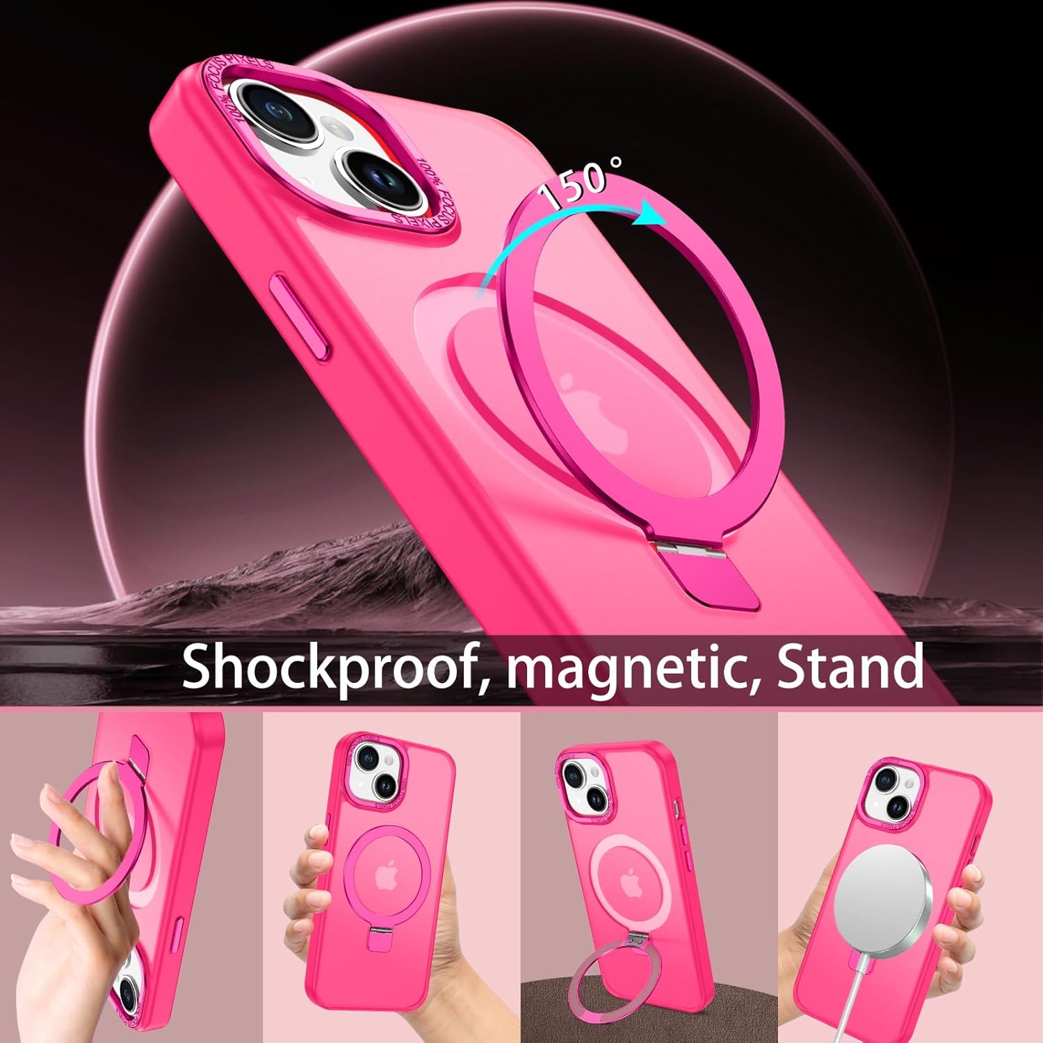DUEDUE for iPhone 15 Plus Case Magnetic with Ring Stand[Compatible with Magsafe], Full Body Protective Cover Slim Shockproof Kickstand Phone Case for Apple iPhone 15 Plus 6.7", Hot Pink - Image 4