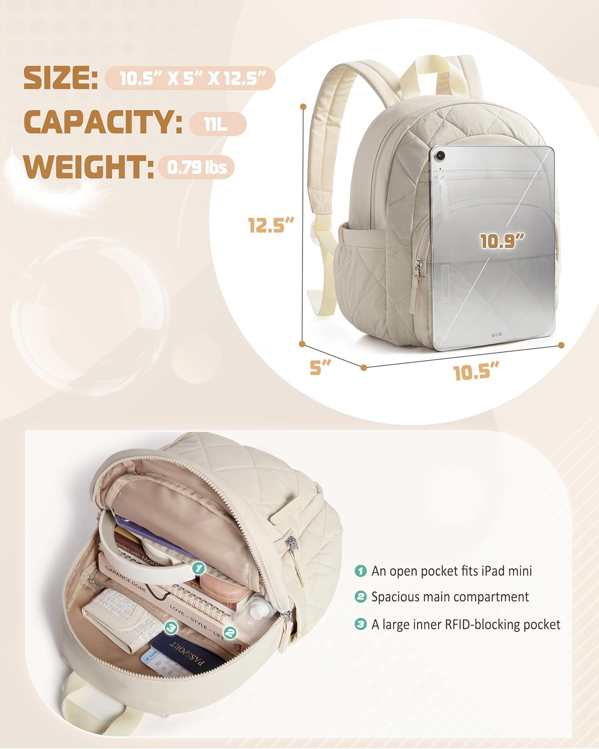 Women Mini Backpack with RFID Blocking Pocket, Small Puffer Backpack Purse, Lightweight Quilted Backpack for Work, College or Travel, Beige - Image 3