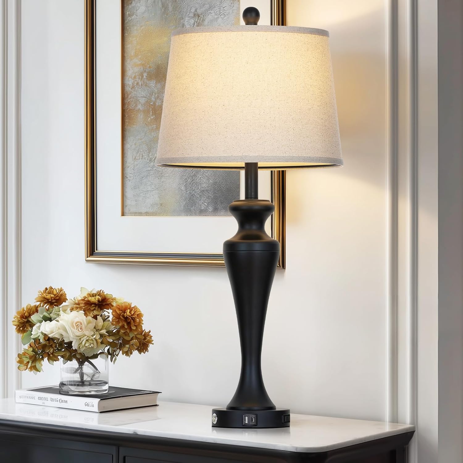 30 Inch Black Table Lamp Single, 3-Way Dimmable Touch Control Living Room Lamps with USB A+C Ports and AC Outlet, Tall Bedside Lamps for Nightstand, Modern Metal Bedroom Lamp, Bulb Included