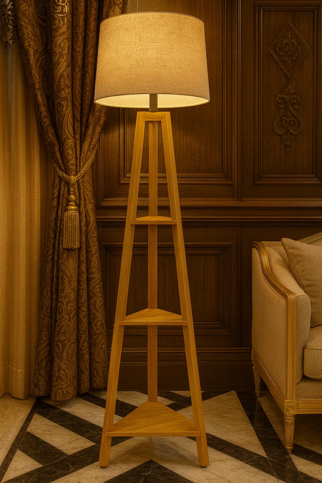 Wooden Tripod Floor Lamp with Beige Fabric Shade, Natural Wood Finish, Modern Style