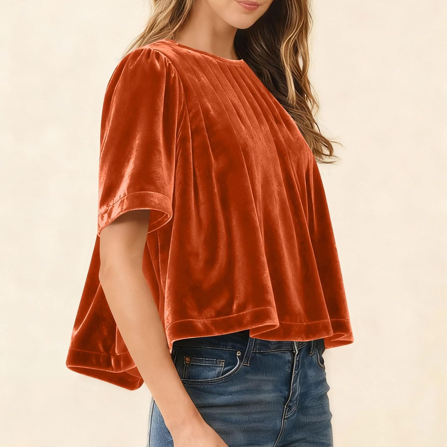 Short Sleeve Velvet Tops for Women's 2026 Vintage Smocked Velour Cropped T Shirts Party Shirts Winter Blouses Clothes