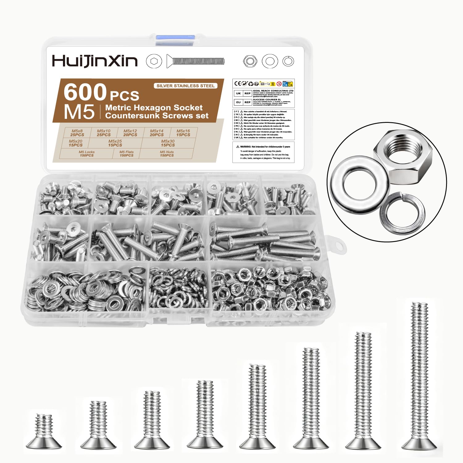 600 Stück M5 Schrauben Set, Edelstahl Senkkopfschrauben Muttern Set, Metrisch Flachkopfschrauben Innensechskant Schrauben mit Muttern Sets mit Unterlegscheiben, Senkkopf Gewindeschrauben Sortiment