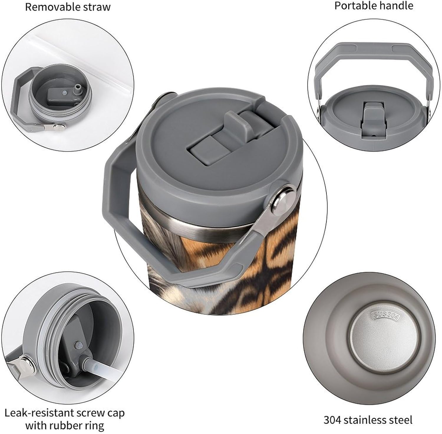 30oz Insulated Tumblers with Top Handle, Stainless Steel Tiger Car Cup with Straw for Gift, Leak-Proof Double Wall Vacuum Travel Mug, Personalized Water Bottles White