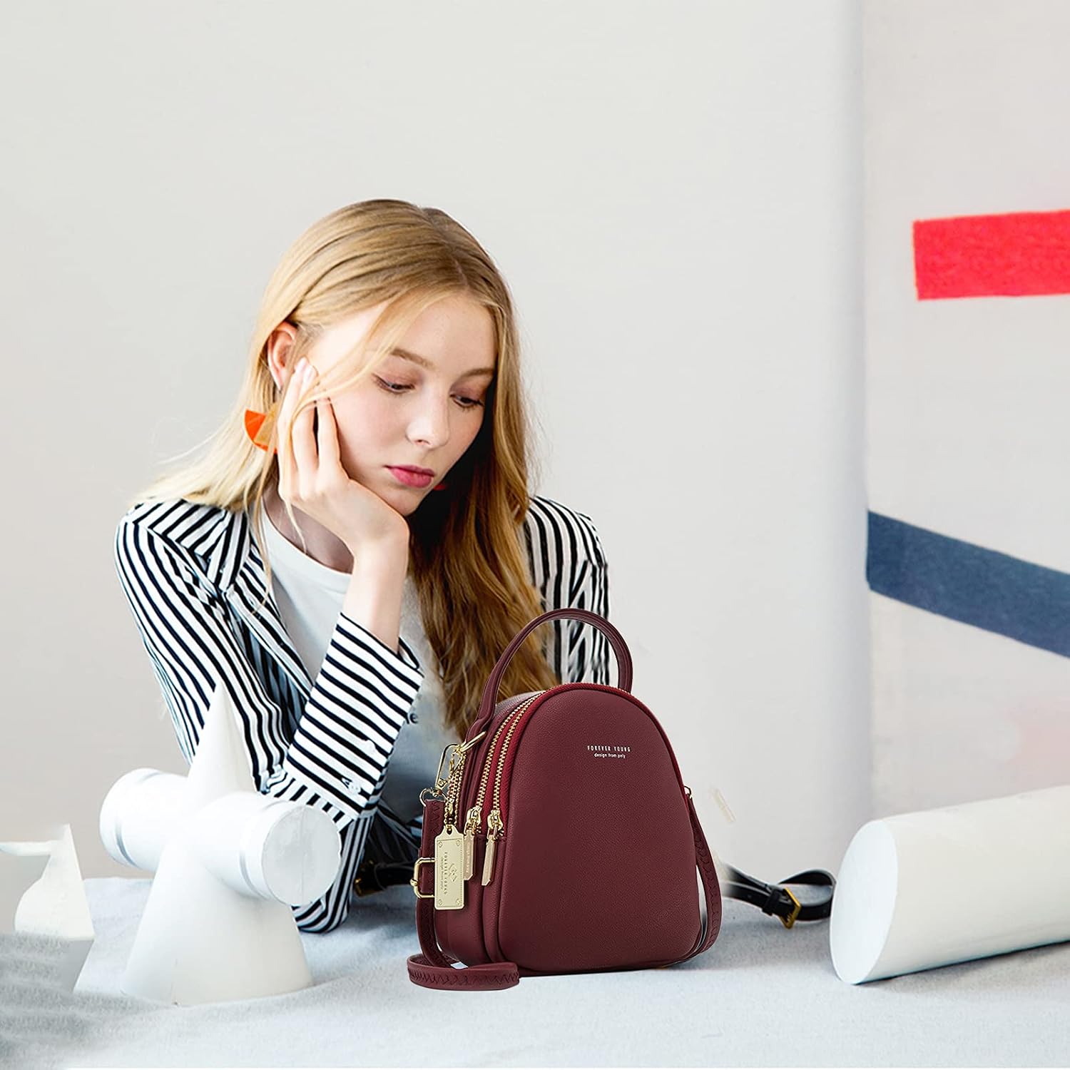 Mini Backpack Women Fashion Handbag Girl Waterproof Shoulder Bags with Earphone Hole Leather Daypack Travel Dating Small Backpack, Red, L, Cute