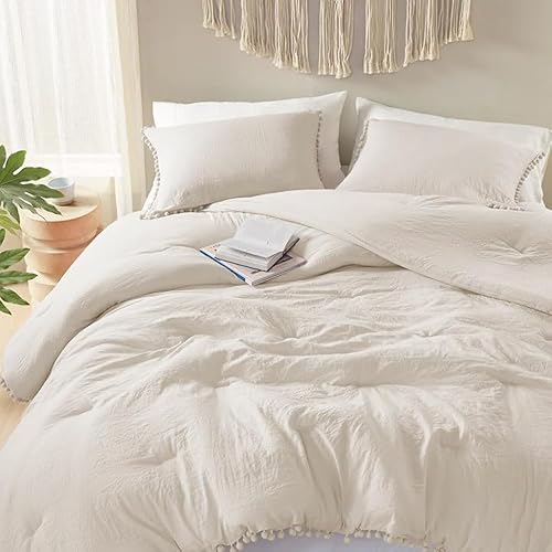 Codi Juego de edredón beige tamaño individual para niñas, ropa de cama con diseño de flecos de pompones, ropa de cama bonita de microfibra lavada