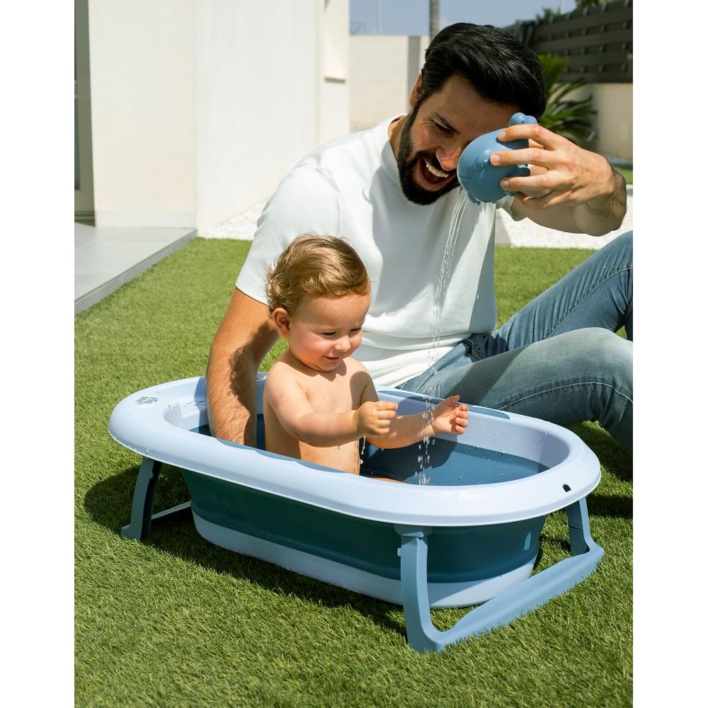 Składana wanna dla niemowląt Interbaby 80x47x21 cm | Składana wanna dla niemowląt z kubkiem do płukania, antypoślizgowa, szczelna nasadka | przenośna, łatwa do przechowywania, wygodna, niebieska