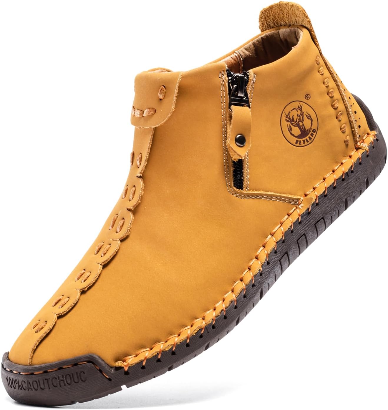 FLYLAND Men's Casual Leather Handmade Fashion Sneakers Ankle Chukka Boots Lightweight Mid-top Dress Shoes Walking Driving Shoe