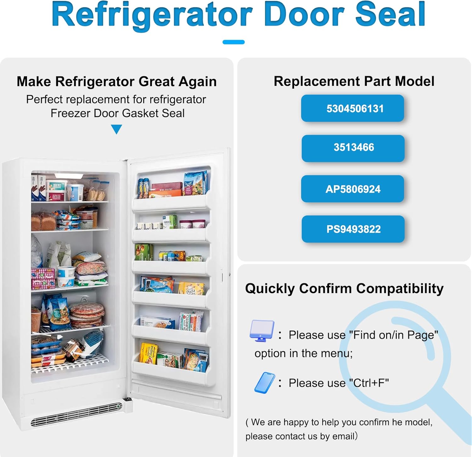 Upgraded 5304506131 Freezer Door Gasket Compatible with Frigidaire Crosley Kenmore and Tappan Refrigerator, Freezer Door Gasket Seal, 216522378 Refrigerator Door Seal Part Replace 5304505531