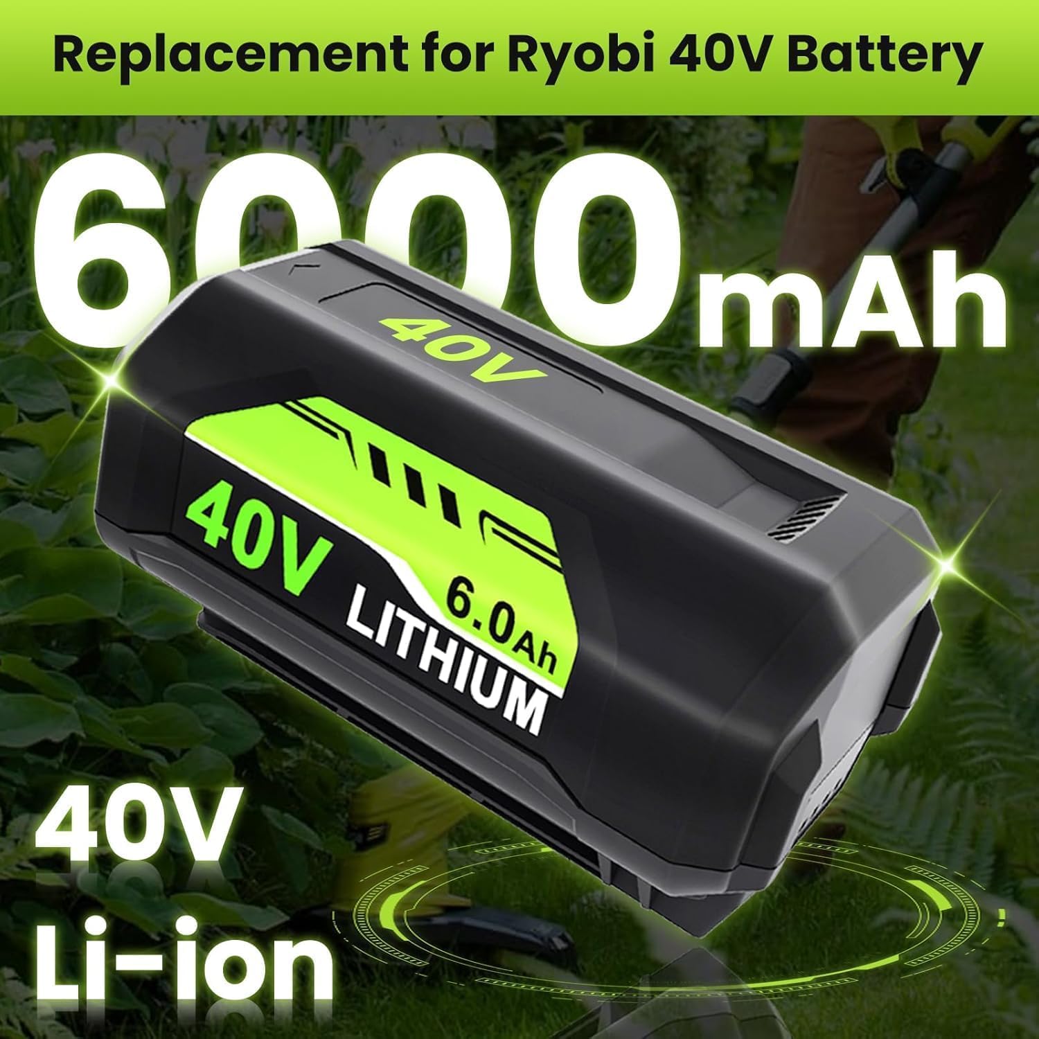 1 Pack 6000mAh Replacement for Ryobi 40V Battery Compatible with Ryobi 40V Lithium Battery OP4040 OP4050A OP40602 OP40201 OP4026 OP4026A OP4015 OP4060 Cordless Power Tools - Image 2