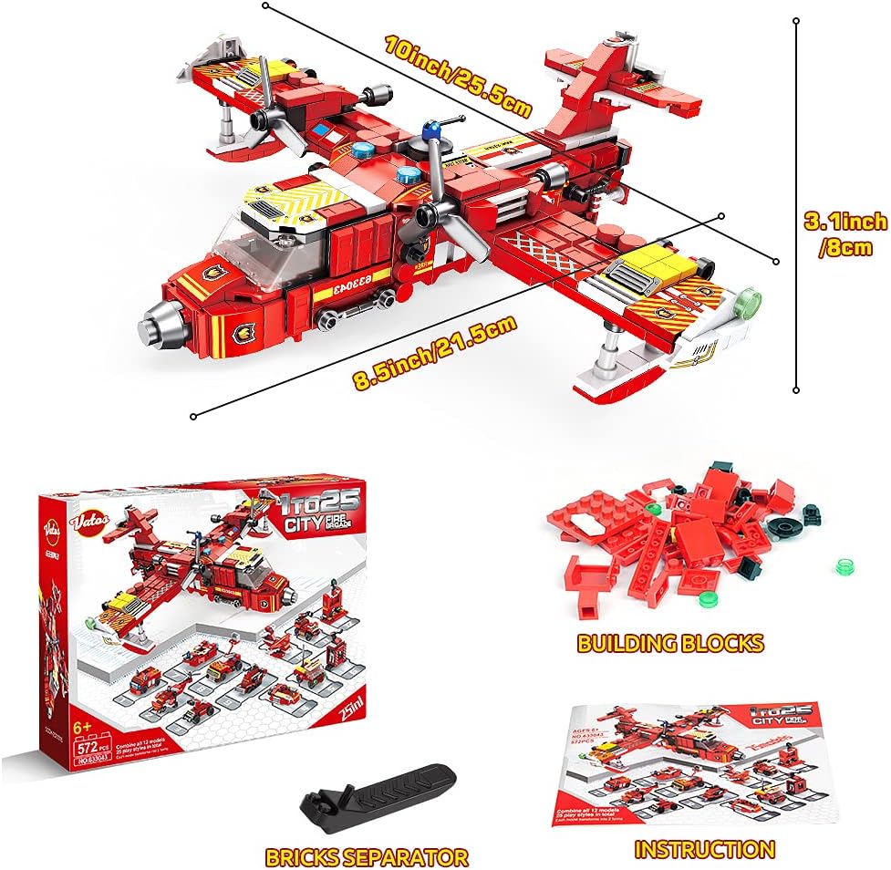 Contents of the VATOS building set box, including 572 building blocks, a brick separator, and an instruction manual.