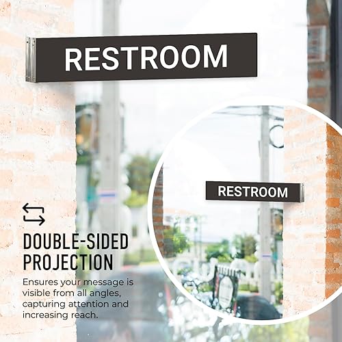 Miniatura 5 de Letrero de proyección para baño, doble cara, 2 x 10 pulgadas, ACM, con accesorio plateado satinado de níquel cepillado, fabricado en Estados Unidos