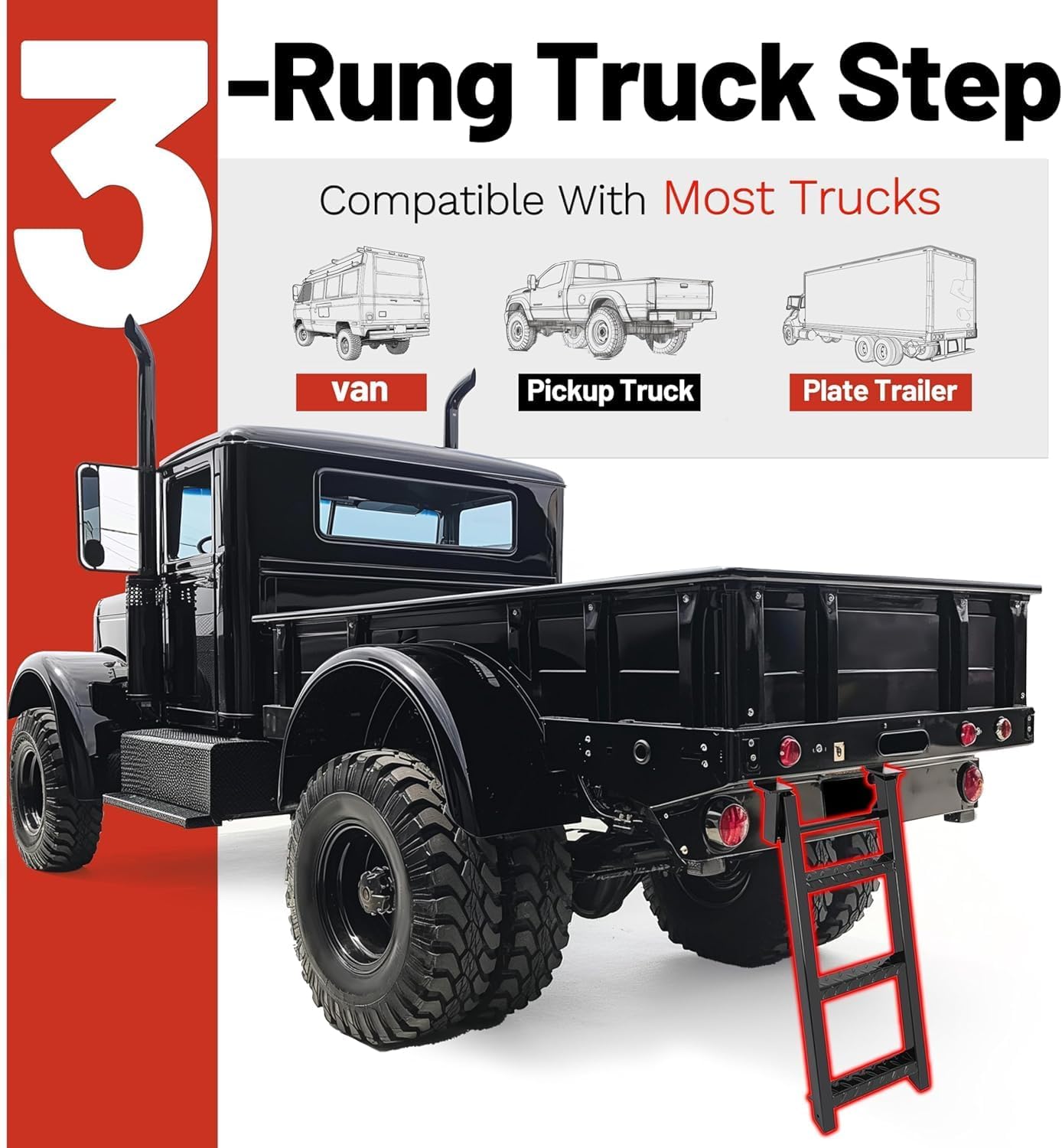 HECASA 3-Rung Truck Step Universal Fit Most Truck Tractor Trailer 14-1/4in x 31-1/2in Textured Slip-Resistant Surface Steel Powder Coated Black