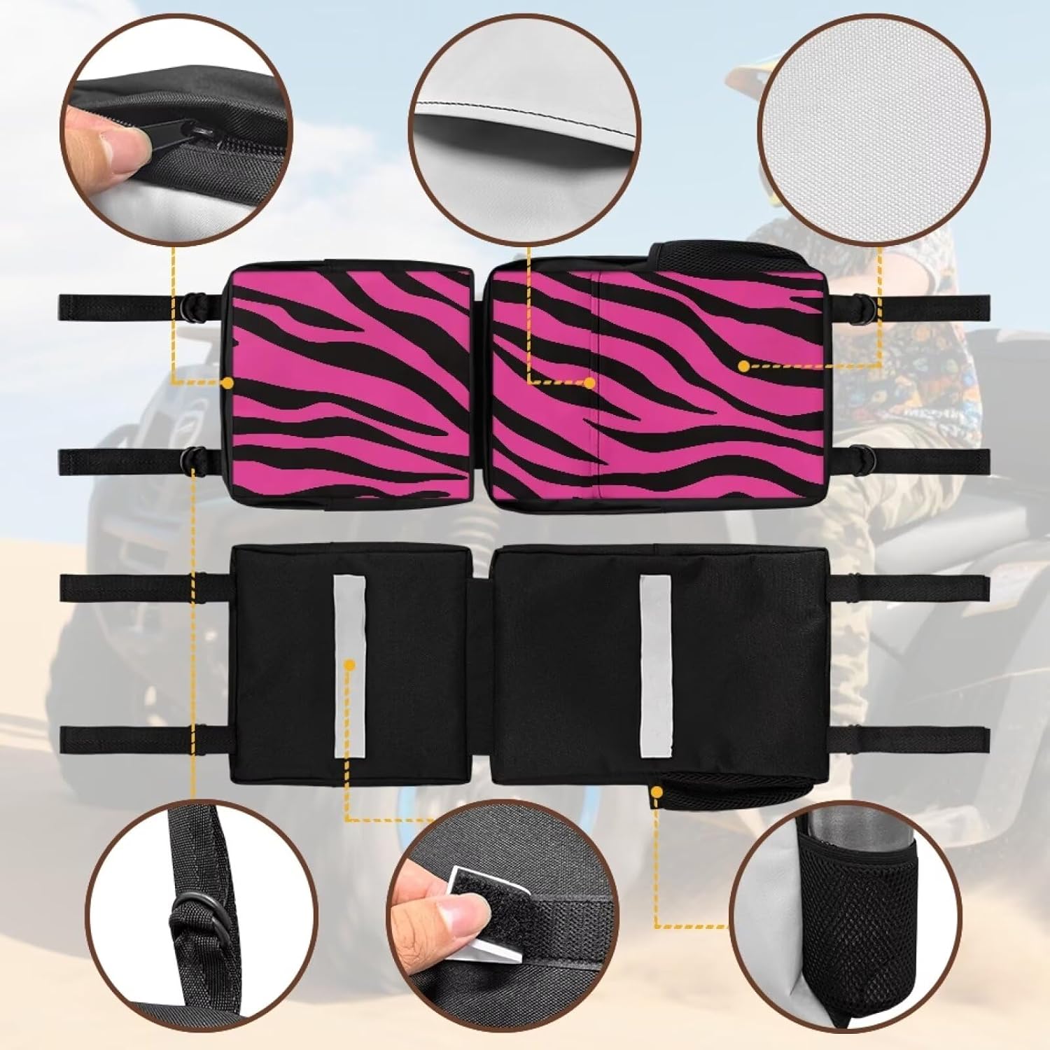 SEANATIVE ATV Fender Bag Pink Zebra Stripes Rear Storage Bags With Drink Holder Detachable ATV Gear Bag Compatible Most 4 Wheeler Accessories Hanging Cargo Bags