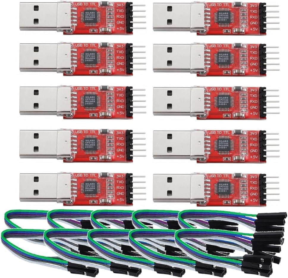 CP2102 USB to TTL Serial Adapter – USB 2.0 to 5Pin UART Converter Module with 3.3V/5V Output, STC Compatible, Includes Jumper Wires – for Arduino, ESP8266, STM32, DIY Projects (10-Pack)