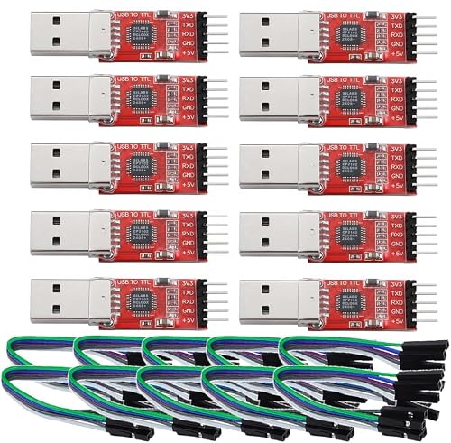 Image of HJHYUL CP2102 USB to TTL Serial Adapter – USB 2.0 to 5Pin UART Converter Module with 3.3V/5V Output, STC Compatible, Includes Jumper Wires – for Arduino, ESP8266, STM32, DIY Projects (10-Pack)