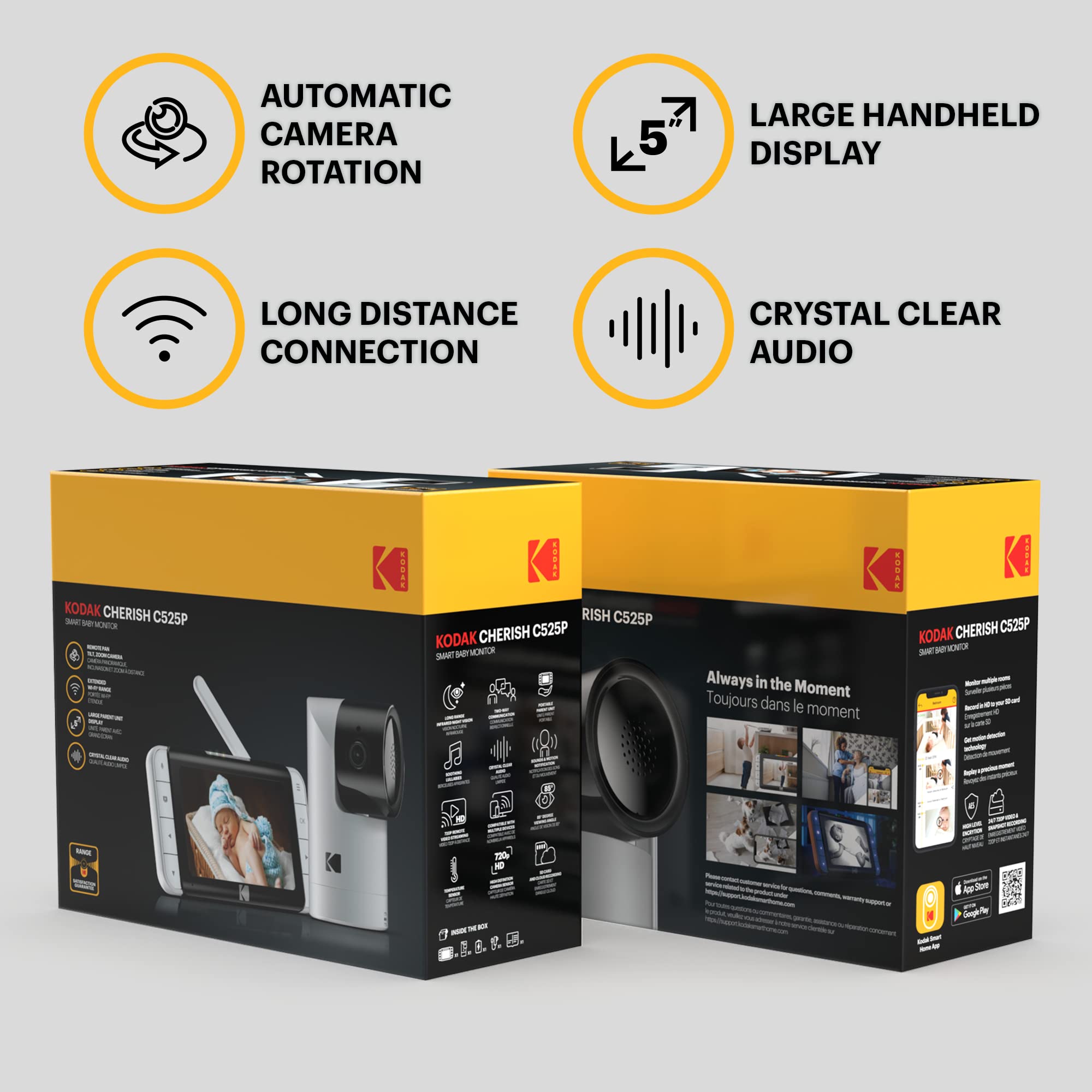 KODAK Cherish C525P - Monitor de vídeo Inteligente para bebé, Video de Calidad para verificaciones rápidas y con Confianza, Larga duración de la batería Durante la Noche y Las Siestas