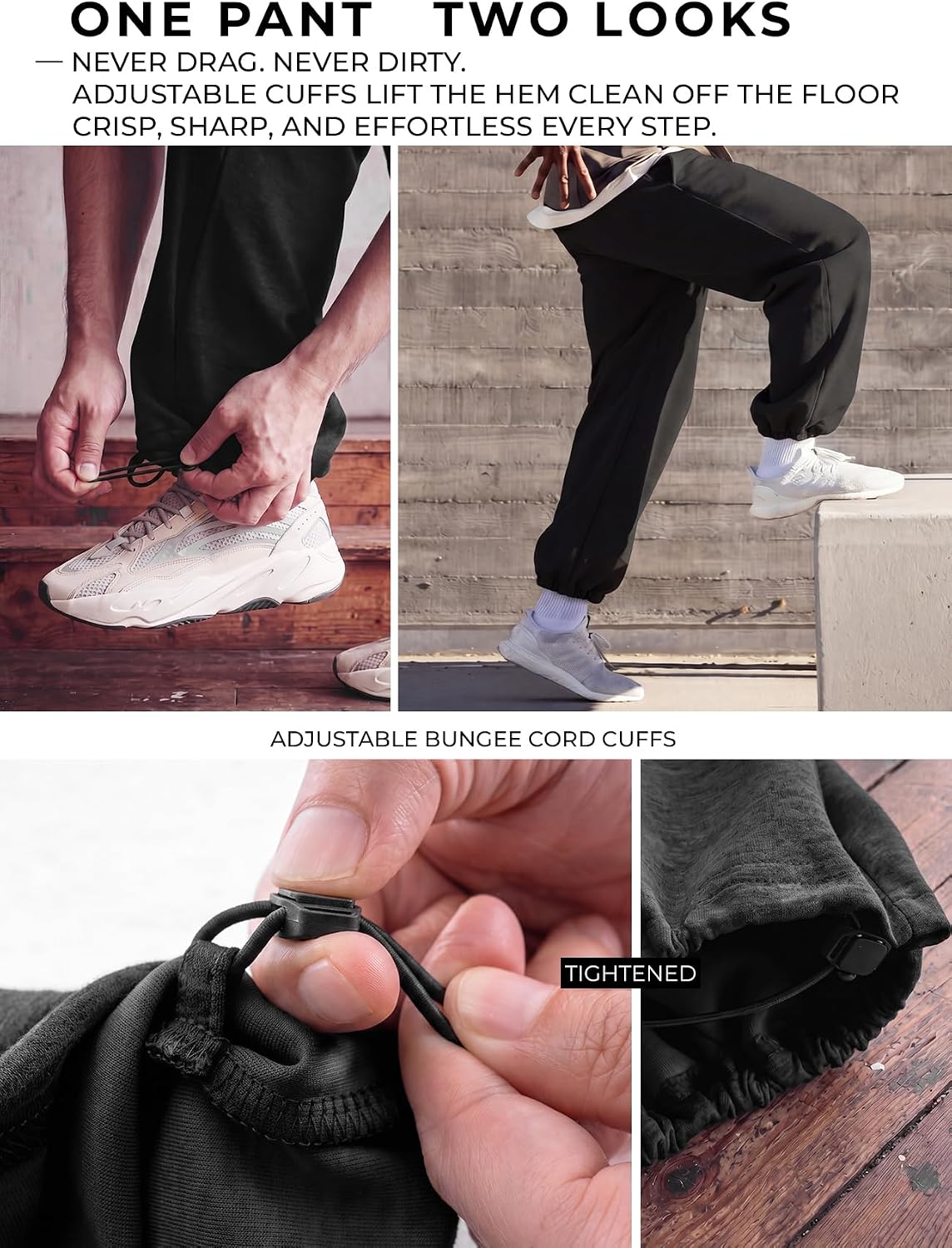 Mens Baggy Sweatpants Adjustable Cuffs 2-in-1 Wide Leg Loose Gym Casual Lightweight Cotton Pants Pockets Drawstring